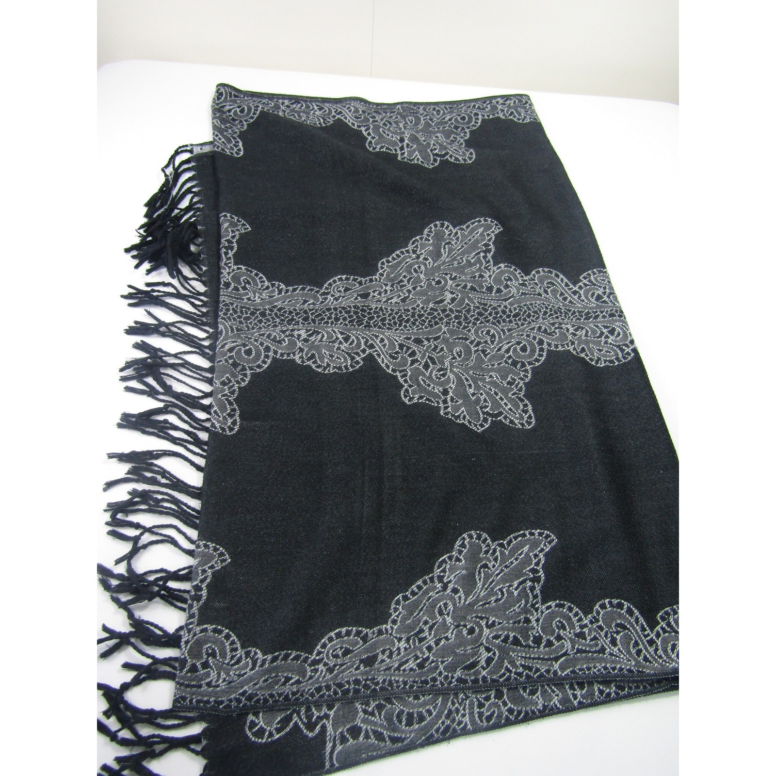 Pashmina Scarf Gray Knit Tassel Silk Blend Floral Paisley Accessories Read